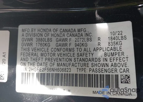 2022 Honda Civic Sport z USA, uszkodzony, nr VIN 2HGFE2F56NH606823